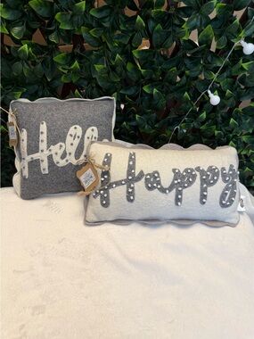 Mud Pie Gray and Cream 'Hello' and 'Happy' Decorative Pillows